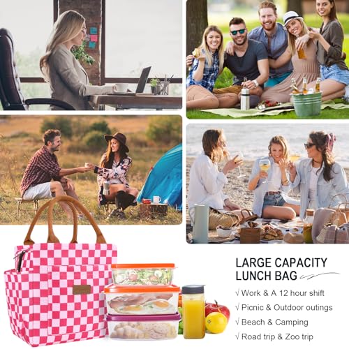 Joymee Lunch Bag Women Insulated Lunch Box Reusable Leakproof Large Spacious Cooler Tote for Women Men Adult with Bottle Holder and Side Pockets for Work Office Travel Picnic - Checker Pink - color: 04 Checker Pink