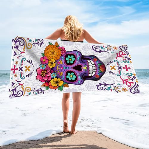 Bonsai Tree Sugar Skull Beach Towel, Purple Microfiber Bath Towel for Women, Sand Free Quick Dry Travel Towels Sugarskull for Women Yoga Sports Adults 30" X 60" - color: Sugarskull, size: 30"x60"