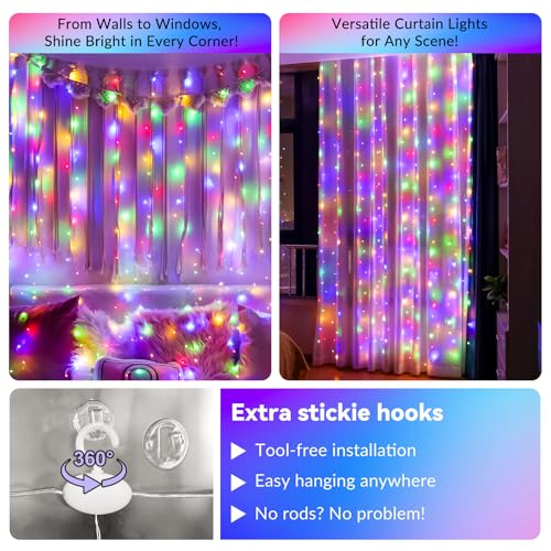 HXWEIYE 300LED Fairy Curtain Lights, 9.8x9.8Ft USB Plug-in 8 Modes Christmas String Hanging Lights with Remote for Bedroom Backdrop Wedding Indoor Wall Decor, Multicolor, Standard – 1 Pack - color: Multicolor, size: Standard – 1 Pack