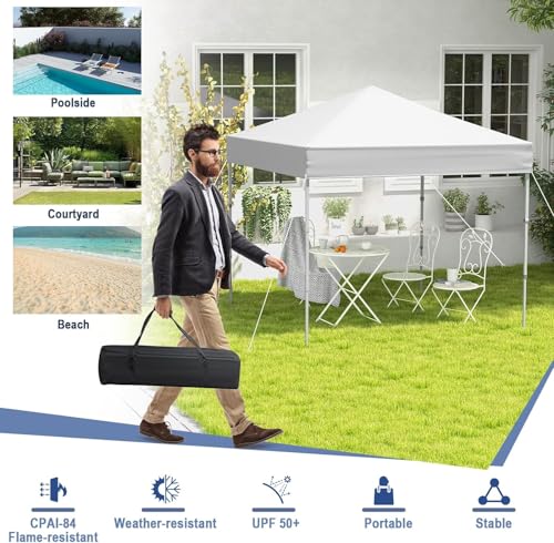 LDAILY 6.6 x 6.6 Ft Pop Up Canopy, Portable Canopy Tent Heavy Duty Instant Canopy w/Center Lock, 8 Stakes, 4 Ropes, Carry Bag, Sun Protection, Easy Up Outdoor Canopy for Party, Camping, Patio (White) - color: White