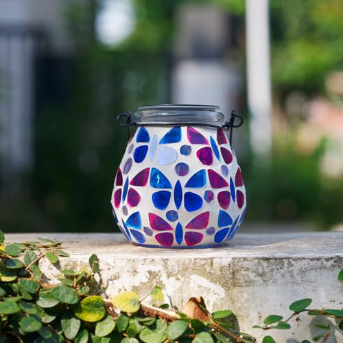 Stargarden Mosaic Solar Lanterns, Glass Hanging Lantern Waterproof Outdoor Hanging Solar Lights Butterfly Decorative Lantern for Garden ,Patio,Yard Decor - color: Butterfly