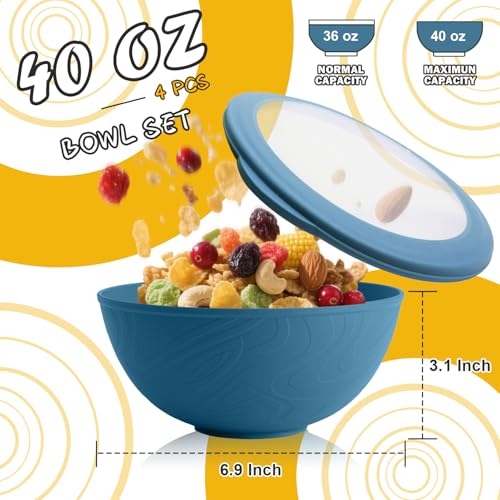 Wheat Straw Bowls Set with Lids, Unbreakable 40 OZ Cereal Bowls Set of 4, Salad Container for Lunch, Microwave & Dishwasher Safe Bowl Set for Kitchen, Picnic, RV, Camping, Multi - color: Multicolor, size: 40 Oz With Lid