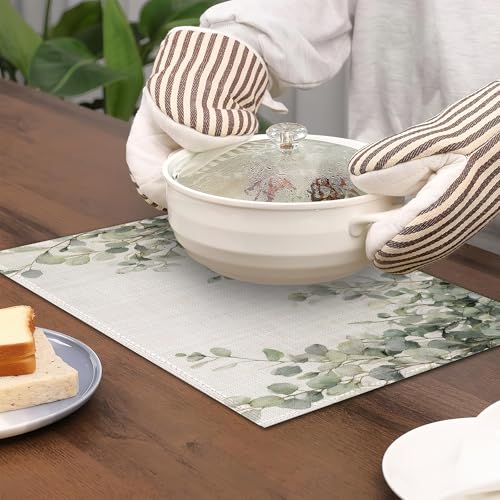 Watercolor Eucalyptus Leaves Placemats Set of 6, Green Branches Table Mates Non-Slip Heat Resistant Washable Linen Place Mats for Party Kitchen Dining Decoration Indoor Outdoor 12"x18" - color: Watercolor Eucalyptus Leaves, Green Branches