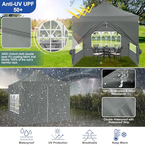 COBIZI 10x10 Heavy Duty Pop Up Canopy Tent with 4 Sidewalls Thicken Frame, Commercial Easy Up Outdoor Wedding Party Tents, All Season Waterproof Windproof with Stakes Sandbags Ropes Roller Bag, Gray - color: Gray, size: 10x10