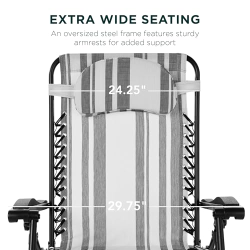 Best Choice Products Oversized Zero Gravity Chair, Folding Outdoor Patio Lounge Recliner w/Cup Holder Accessory Tray, Pillow - Gray Stripes - color: Gray Stripes