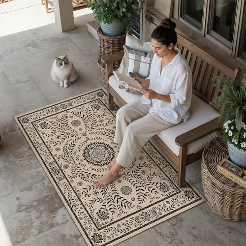 HUGEAR 3x5 Vintage Jute Indoor Outdoor Rug Washable Linen Textured Weave High Traffic Stain Resistant Non Slip Durable Carpet for Patio Deck Balcony Courtyard (Floral Black, 3' x 5') - color: Floral / Black, size: 3'x5' (Rectangular)