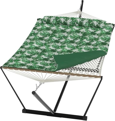 2 Person Outdoor Hammock with Stand, Person Cotton Rope Hammock with Polyester Pad, Portable Hammock with Carrying Bag, for Patio, Garden, Beach, Backyard Camping - color: Green