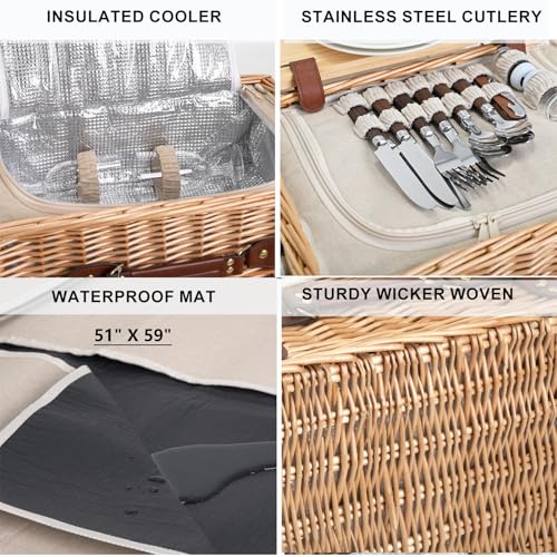 Multifunctional Wicker Picnic Basket Set for 4 with Blanket and Picnic Table, Insulated Picnic Set with Full Tablewares for Camping Outdoor Couples,Natural - color: Natural With Blanket &Table for 4