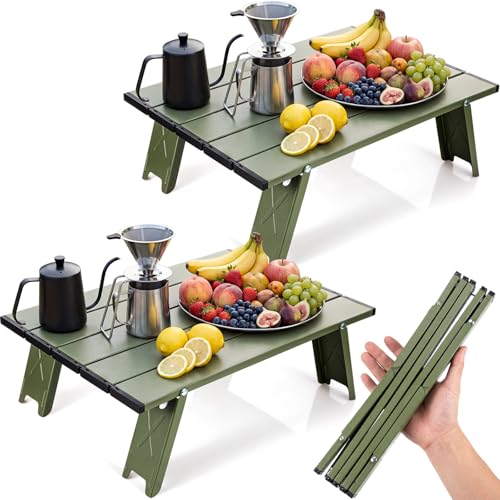 Barydat 2 Pack Small Folding Beach Table Aluminum Portable Camping Lightweight Roll up Tent Low Table for Sand Outdoor Compact Picnic with Carry Bag for Outdoor Picnic Tent Travel Beach (Green) - color: Green