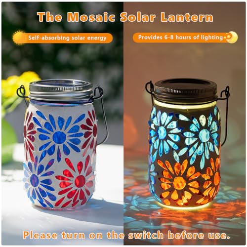 Starsoul 4 Pack Solar Lanterns Outdoor Waterproof, Mosaic Flowers Glass Solar Hanging Outdoor Lights, Decorative Solar Lantern for Outside Pathway Patio Porch Yard Decor - color: Flowers-4PC