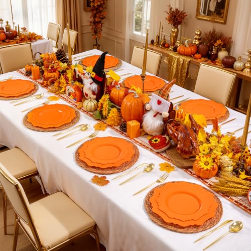 COLOSUS 100pcs orange Disposable Plastic Plate-Heavy duty plate for Party/Wedding/anniversary 50 dinner plates and 50 dessert/salad plates - color: Orange