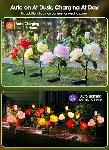 Brightown Outdoor Solar Garden Lights - 4 Pack LED Flower Lights with Realistic Rose, Bigger Solar Panel, Waterproof for Yard & Patio Decorations - color: Rose
