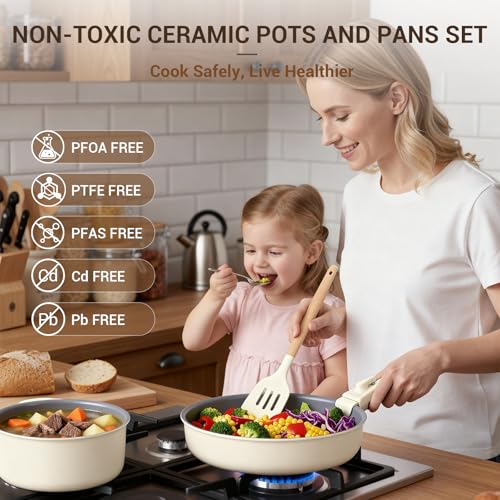 Ammeloo 18-Piece Ceramic Pots and Pans Set Non Stick, Non Toxic Cookware Set with Removable Handles, Pot Sets for Cooking, Induction Ready, Dishwasher & Oven Safe, PFAS PFOA & PTFE Free (Cream White) - color: Cream White
