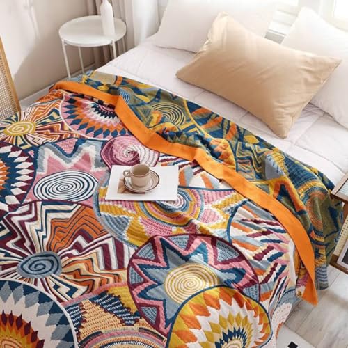 Boho Throw Blanket for Bed 100% Cotton Bohemian Blankets Ultra Soft Woven Muslin Decorative Blankets All Seasons Vintage Quilt Knitted Blanket for Sofa Chair (Colorful, 60"x80") - color: K-colorful World, size: 60"x80"