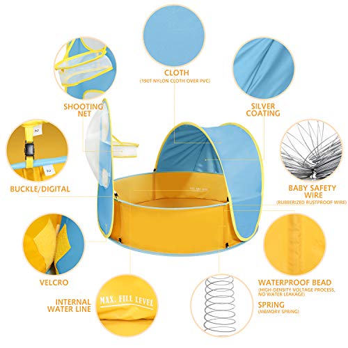 Peradix Paddling Pool for Kids & Pets, Kids Ball Pit Tent 3 in 1, Pop Up Wading Pool Tent with UV Protection Sunshade Canopy Basketball Hoop, Portable Beach Backyard Toys for Indoor Outdoor Activity - color: Blue-yellow
