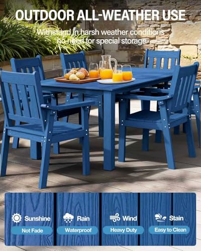 YEFU HIPS Patio Table Set: 7 Piece Outdoor Table and Chairs Dining Furniture Set with Umbrella Hole - Blue Modern Plastic Dining Sets 6 Person for Outside Deck with Metal Aluminum Frame - color: Blue, size: 7 Piece