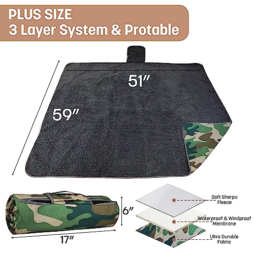 Tirrinia Waterproof Outdoor Blanket with Sherpa Lining, Windproof Triple Layers Warm Comfy Foldable for Camping Stadium, Beach, Picnic, Grass, Concerts, Car, Dog, 51''X 59'' & 59''X 80'' - color: Camo/Black, size: 51” x 59”