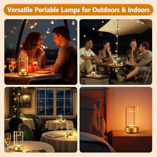 Rechargeable Table Lamp for Outdoor Indoor: Cordless Portable Table Lamps with 3 Color Stepless Dimmable - LED Metal Battery Operated Lantern - Small Table Lamp for Bedroom/Bar/Coffee Shop/Camping - color: Gold