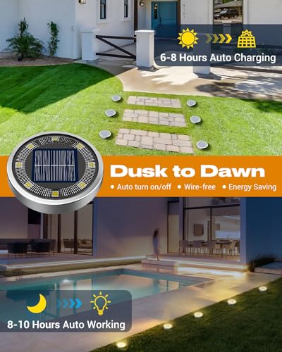 btfarm 12 Pack Solar Lights Outdoor, 8 LED Solar Ground Lights IP65 Waterproof Flat Solar Disc Light, Pathway Lights for Garden Lawn Patio Yard Path Landscape, Warm White - color: Warm White, size: 12 Pack