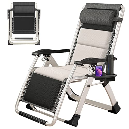 ABORON Padded Zero Gravity Chair,Premium Outdoor Lawn Folding Lounge Chairs,Sturdy Adjustable Reclining Patio Chairs with Headrest & Tray - color: Ivory White