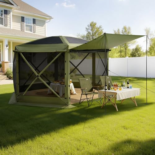 VEVOR Pop up Gazebo Screen Tent, 12 x 12 ft Large 6-Sided Camping Canopy Tent with Removable Top & Carry Bag, Quick-Set & Bite-Proof, Screen House Sun Shelter for 8-10 Persons Backyard Patio, Green - color: Army Green, size: 12x12ft