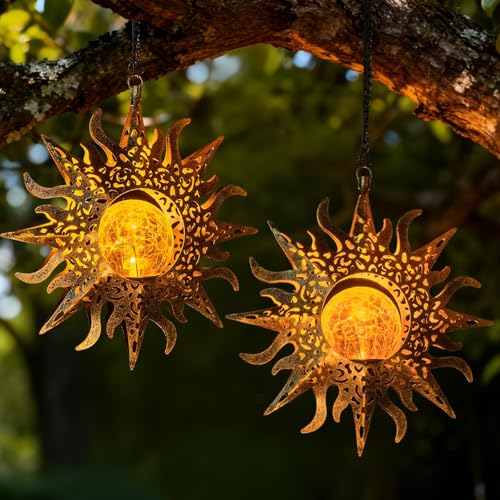 2 Pack Garden Decor Hanging Lanterns Outdoor Waterproof,Solar Lights Metal Sun Gifts Decoration for Yard Clearance Front Porch Lawn Driveway Patio Backyard Pathway Gardening Gift - size: 2 Pack