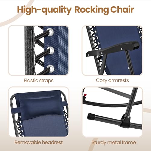 Yaheetech 26in Rocking Chair Outdoor Zero Gravity Folding Chairs Rocking Chairs Foldable Outdoor Lounge Chair for Outside Lawn with Cupholder/Pillow Ergonomic Design for Rest, Navy Blue, Set of 2 - color: Navy Blue, size: 2 Pcs