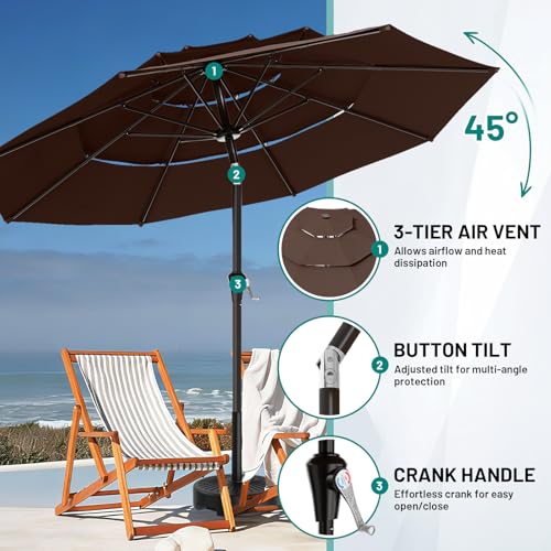 AreShark 9ft 3-Tier Patio Umbrellas, Outdoor Umbrella with 8 Sturdy Ribs UV Protection Windproof, Market Table Umbrella w/Push Button Tilt & Crank for Pool, Porch, Deck, Garden(Brown) - color: Brown