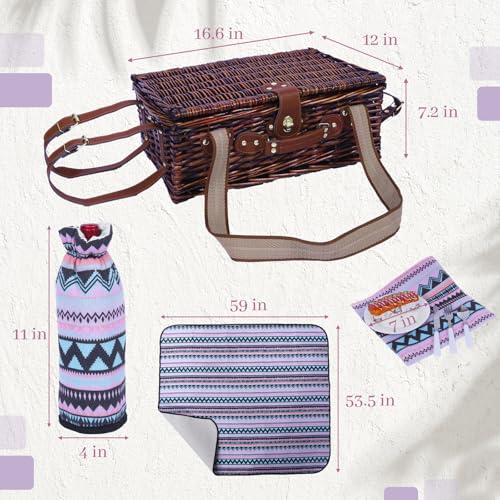 Neti Neti Wicker Picnic Basket for 2 Boho with Insulated Cooler & Waterproof Blanket – Large Willow Picnic Hamper for Outdoor, Camping, Beach, Romantic Dates, Valentine’s Day - color: Boho 1