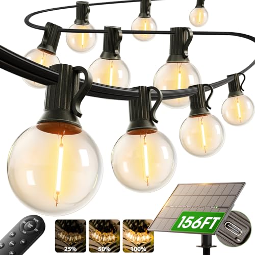 addlon 150FT Solar String Lights Outdoor Waterproof with Remote, Dimmable Commercial Grade Solar Powered String Lights with 80 LED Bulbs, Hanging Light for Camping Backyard Party Decor - size: 150FT
