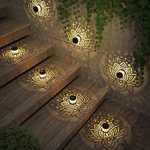 gardencave 4 Pack Solar Fence Lights Metal Solar Powered Outdoor Wall Deck Lights Lotus Theme Waterproof Fence Light for Garden Post Patio Backyard Yard Decor (Lotus, 4 Pack) - color: Lotus, size: 4 Pack