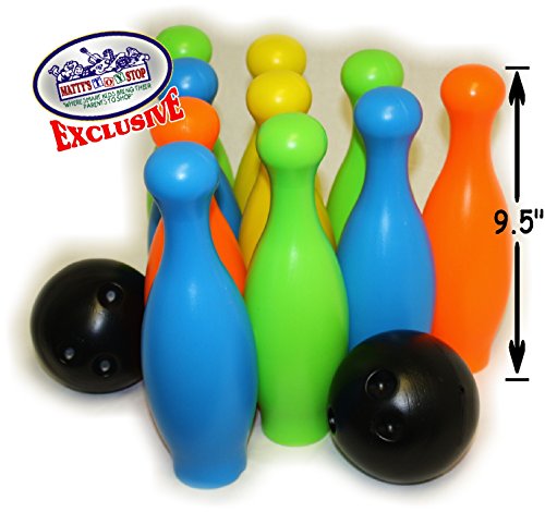 Matty's Toy Stop 10 Pin Multi-Color Deluxe Plastic Bowling Set for Kids with Storage Rack - 12 Pieces Total (10 Pins & 2 Bowling Balls)