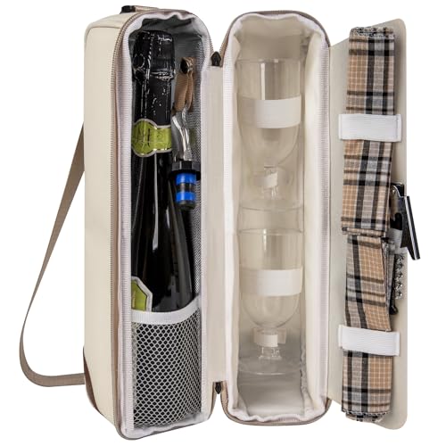 ALLCAMP Wine Tote Bag with Cooler Compartment，Picnic Set Carrying Two Sets of Tableware（Cream-Colored） - color: Cream-Colored, size: 1 Bottle