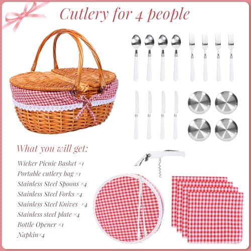 Wicker Picnic Basket with Handle, 15" Large Picnic Basket with Lid & Removable Liner, Vintage Hand Woven Basket with Cutlery Set for Picnics, Camping, Thanksgiving, and Birthday - color: Red-white Grid, size: 4-person