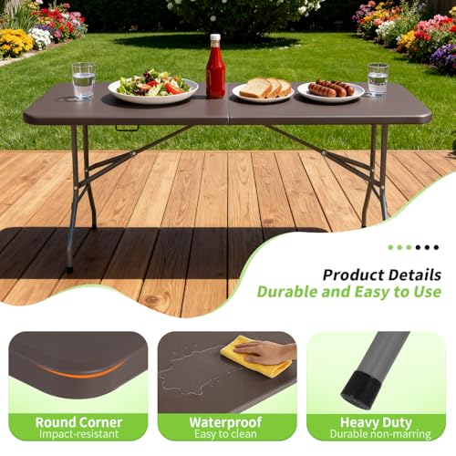 BestOffice 6 FT Picnic Table, Portable Plastic Folding Table with Carrying Handle Perfect for Picnics, Parties, Party and Camping, Brown - color: Brown, size: 6 FT 70"x28"