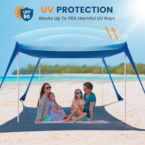 Beach Tent - 10 x 10 FT Beach Canopy, Outdoor Shade Canopy for Camping, Portable Beach Tent Sun Shelter UPF50 with 4 Stability Poles, Sandbags, Anti-Wind Ropes and Ground Pegs, Blue - style: 10*10 FT 4 Pole-Blue