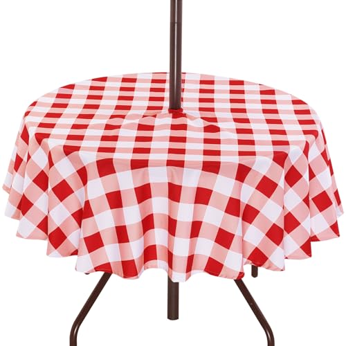 SquarePie Round Outdoor Tablecloth with Umbrella Hole - 70 Inch Water Resistant & Spillproof Table Cloth,Zipped Patio Picnic Table Cover for Camping/Picnic/BBQs/Backyard,Red Checkered - color: Red Checkered, size: 70" (Round)