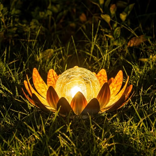 MEBRUDY Solar Lights Outdoor Garden Decor, Bright Globe Glass Lotus Flower Lamp, IP44 Waterproof Metal Lotus LED Lights for Patio, Yard, Lawn, Tabletop Outside Decor, Garden Gifts for Women, Orange - color: Orange