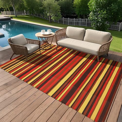 GarveeHome 9x18 Outdoor Rug Modern Geometric Reversible Plastic Straw Outdoor Large Rugs Colorful Striped Lines Outside Decor Carpet Waterproof Portable for Balcony Camping Picnic, Red Orange Yellow - color: Geometric Stripes| Red Orange Yellow, size: 9'