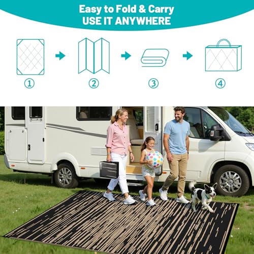 HEBE Outdoor Rug 5'x8' Waterproof, Reversible Plastic Straw Patio Rug Camping Mat, Indoor Outdoor Area Rug Carpet for Patios, Deck, Porch, RV, Camping, Picnic, Balcony - color: Stripe/Black, size: 5' x 8' (Rectangular)