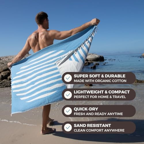 FESHKA Sand Proof Turkish Beach Towel – Oversized, Quick Dry & Lightweight Travel Towel - 100% Organic Cotton Beach Blanket - Perfect for Bath, Pool & Picnic | Blue Stripes (Blue) - color: 24 - Blue