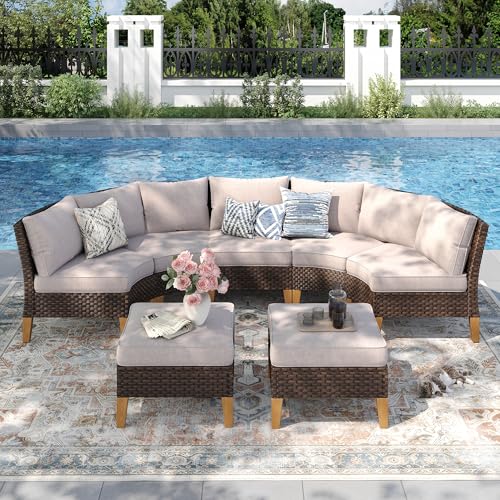 PHI VILLA 5-Piece Wicker Patio Furniture Set, Outdoor Sectional Sofa Conversation Set with Beige Cushions, Half-Moon Curved Modular Couch for Garden, Deck, Backyard - color: Beige, size: 7 Seats - Curved