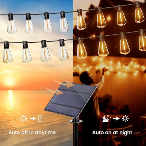 OHLUX 60FT Solar Globe String Lights Outdoor, Shatterproof Solar Patio Lights with Remote, 27 Dimmable LED Filament ST38 Bulbs, 2200K Soft Warm White Edison Hanging Light for Outside Canopy Deck - color: Warm White, size: 18M