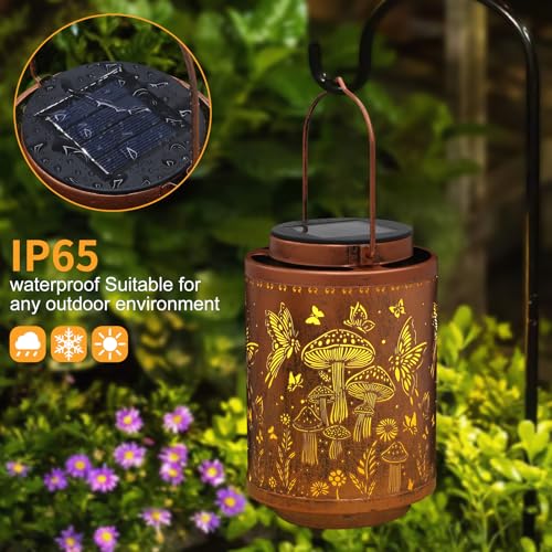 Solar Lanterns Outdoor Waterproof Mushroom Butterfly Garden Decor Gifts for Women Mon Grandma Metal Hanging Solar Lights Decoration for Outside LED Lanterns for Yard Patio Lawn - style: Mushroom