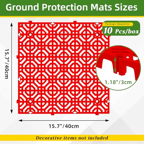 10 Pcs 15.7" x 15.7" Heavy Duty Ground Protection Mats, Interlocking Non-Slip Floor Mat, Heavyweight Gravel Grid Drive on Lawn, 6613 lb Load Permeable Paver for Parking, Outdoor Event Flooring, Red - color: Red