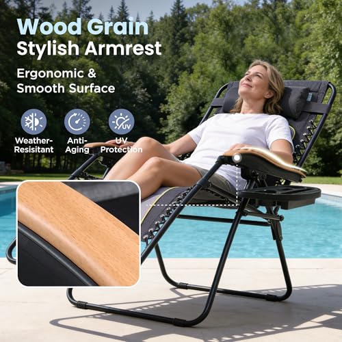 PHI VILLA XXL Oversized Padded Zero Gravity Chair, Foldable Patio Recliner, 30" Wide Seat Anti Gravity Lounger with Cup Holder, Support 400 LBS (Gray Accent) - color: Gray Accents, style: 1 Pcs