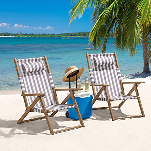 Lavish Home Set of 2 Beach Chair - Outdoor Weather-Resistant Wood Folding Chair with Backpack Straps - 4-Position Reclining Seat - Beach Essentials (Taupe Stripe) - color: Taupe Stripe, style: Set of 2