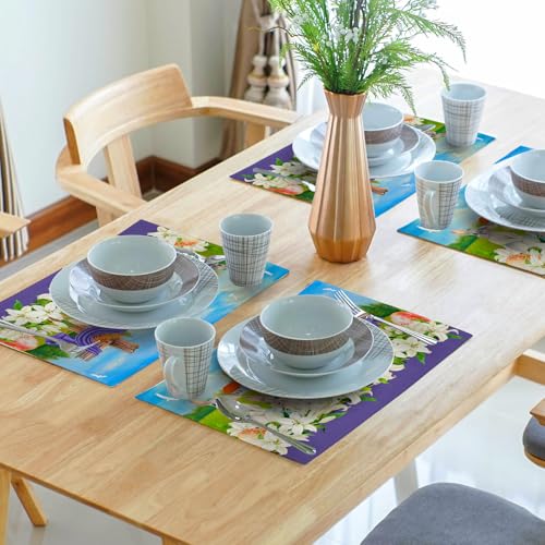 Easter Placemats Set of 4, 12x18 Inch Farmhouse Flowers Bunny Place Mat Heat Resistant Washable Rectangle Dining Table Mat Seasonal Holiday Outdoor Indoor Dinner Party Decoration - color: Easter Bunny Flowers