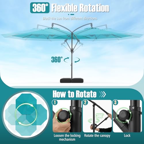Tangkula 10ft Patio Umbrella with Base Included, Offset Cantilever Outdoor Umbrella with Infinite Tilt, 360 Degree Rotation, Crank Handle, Sun-Protective Canopy for Pool Deck Garden Backyard (Turquoise) - color: Turquoise, size: 10 FT