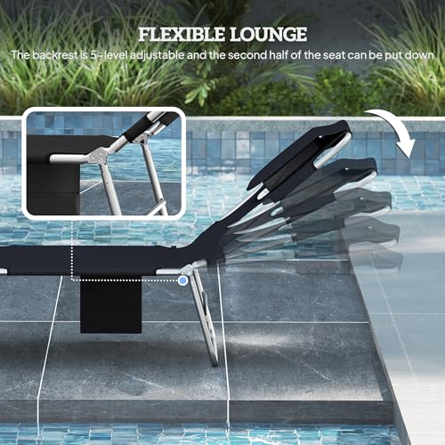 Outsunny Chaise Lounge Chair Outdoor Set of 2 with Face Arm Hole, 5-Position Reclining Face Down Tanning Chair with Carry Strap, Side Pocket, Portable Folding Bed Cot for Patio Beach Pool, Black - color: Black, size: 2 Pieces